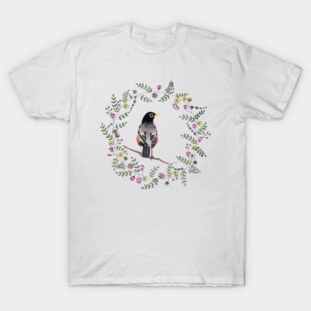 American Robin with whimsical flower wreath T-Shirt by Sandraartist